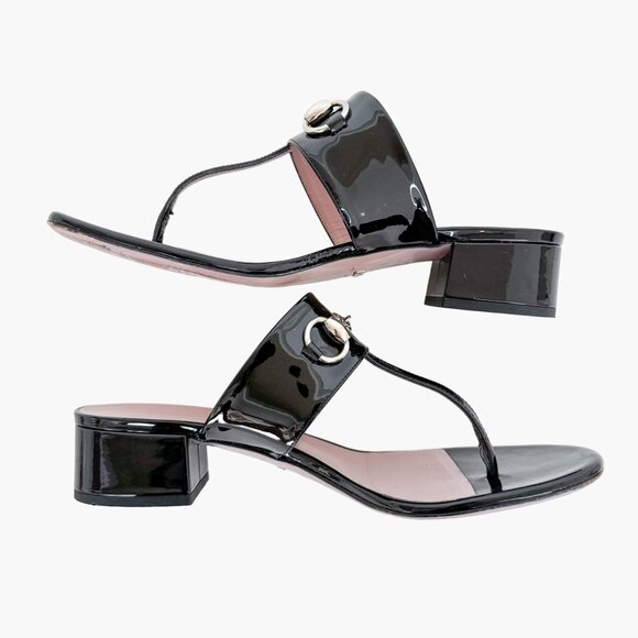Gucci Lilane Horsebit Thong Sandals EU 37.5 US 7.5 Black Patent Low Block Heel - Picture 8 of 11